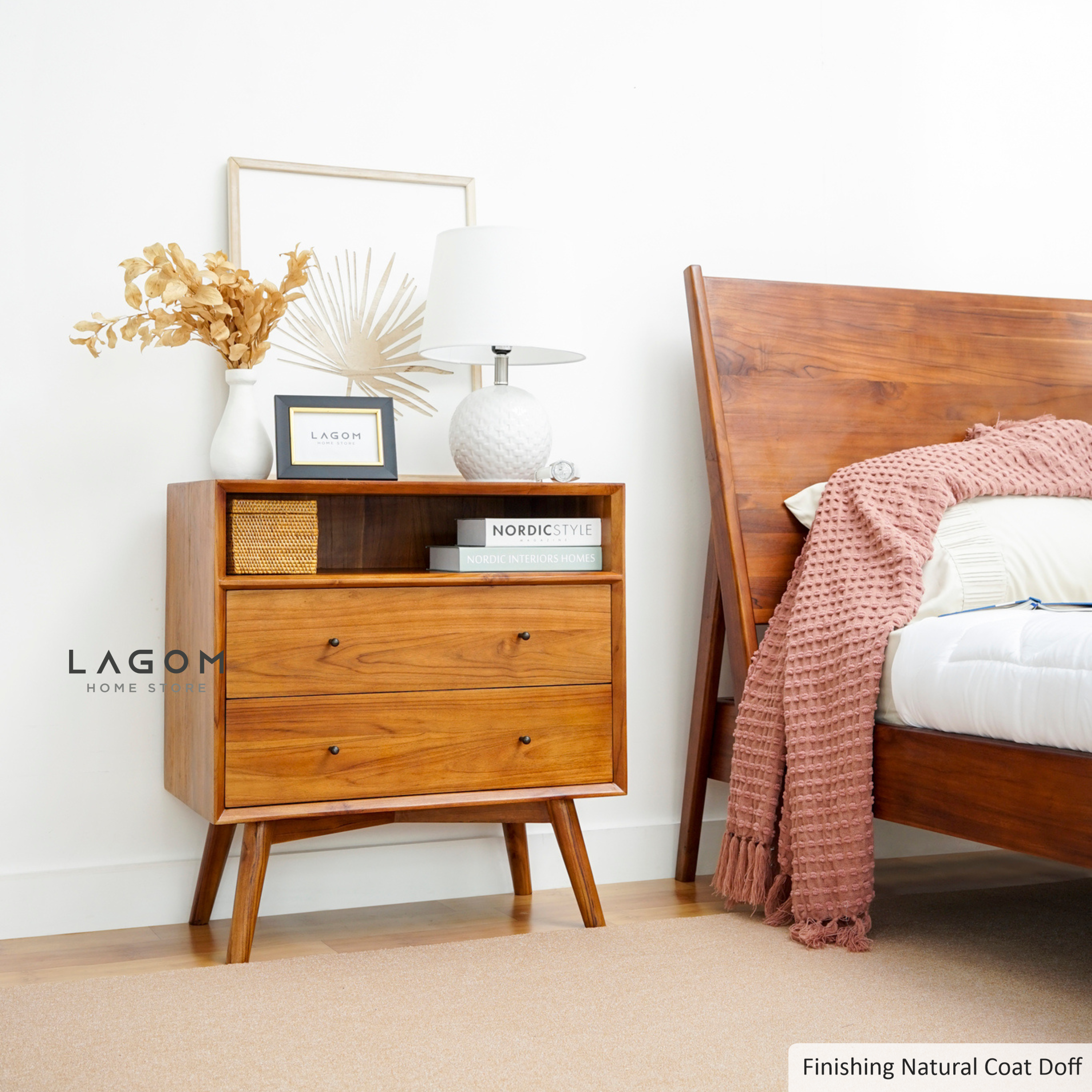 Teak Wood Bedside with Open Shelf and Drawers Natural Side Table Lagom Home Store Jati Furnitur Teak Furniture Jakarta