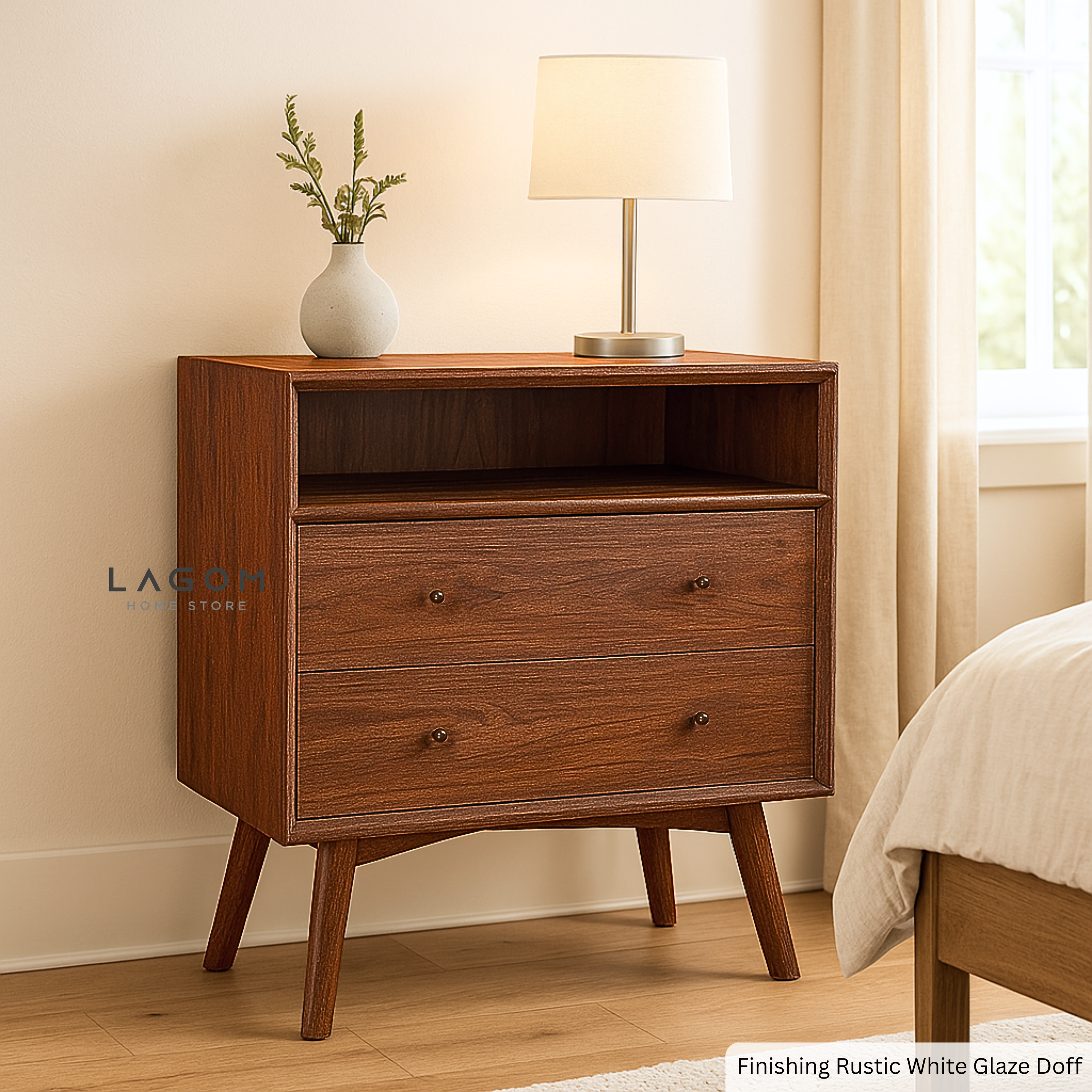 Teak Wood Bedside with Open Shelf and Drawers Rustic White Glaze Side Table Lagom Home Store Jati Furnitur Teak Furniture Jakarta