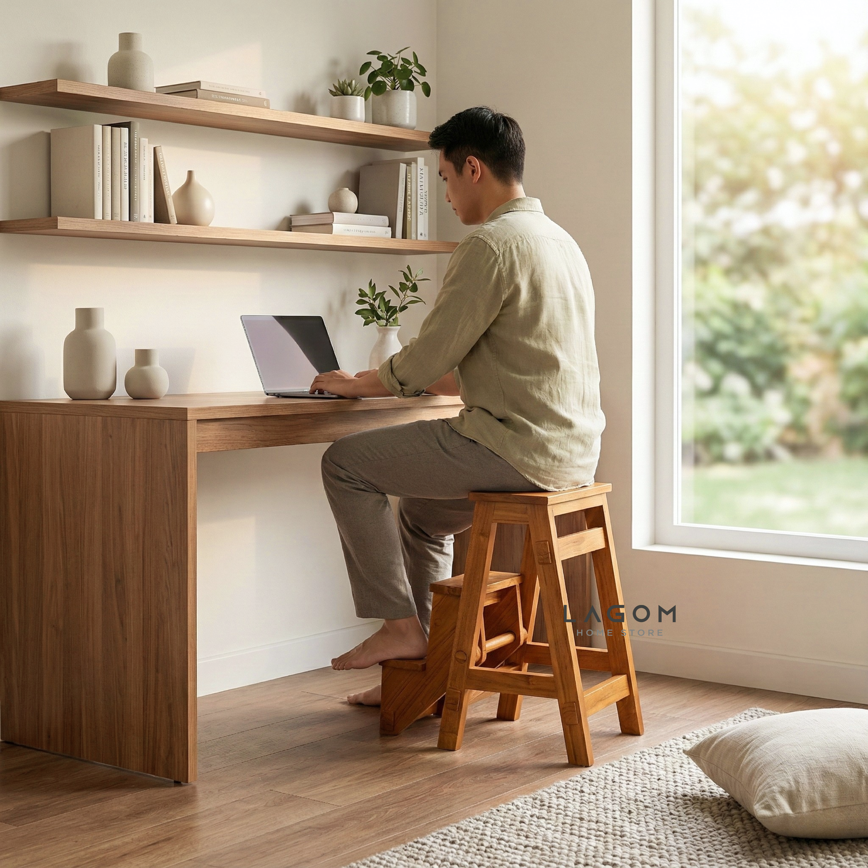 Teak Wood Convertible Step Stool & Bar Stool Step Stool Lagom Home Store Jati Furnitur Teak Furniture Jakarta