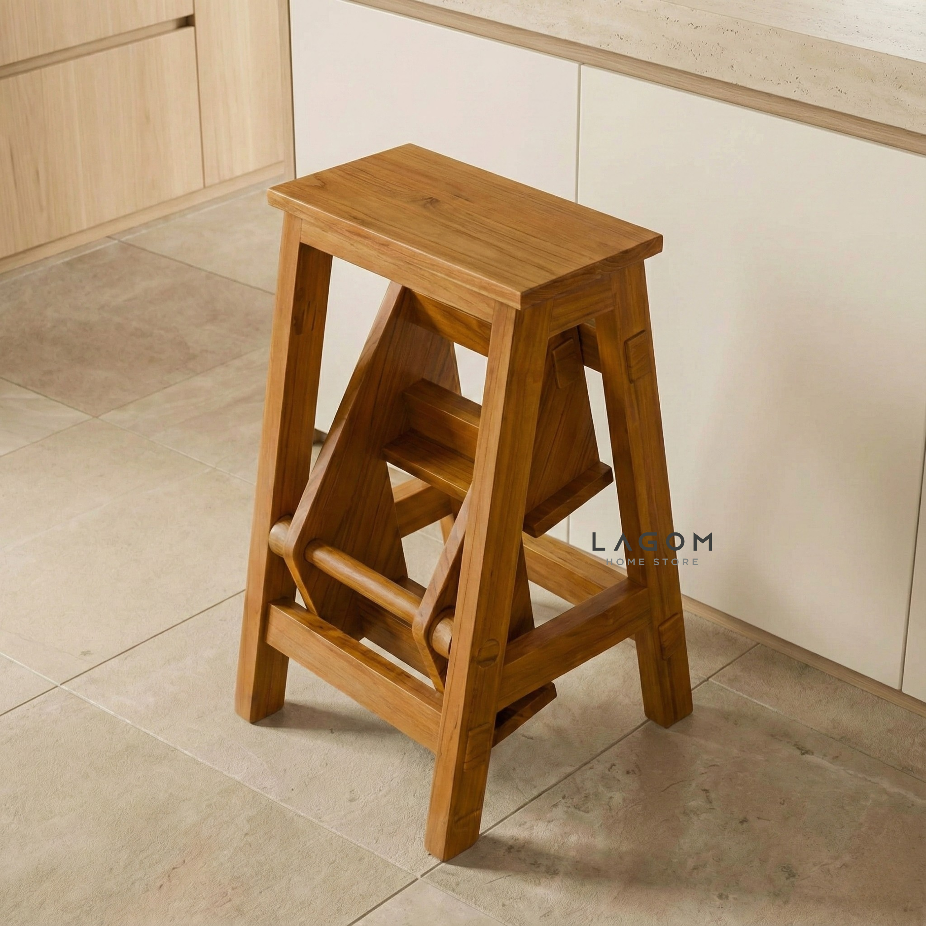 Teak Wood Convertible Step Stool & Bar Stool Step Stool Lagom Home Store Jati Furnitur Teak Furniture Jakarta