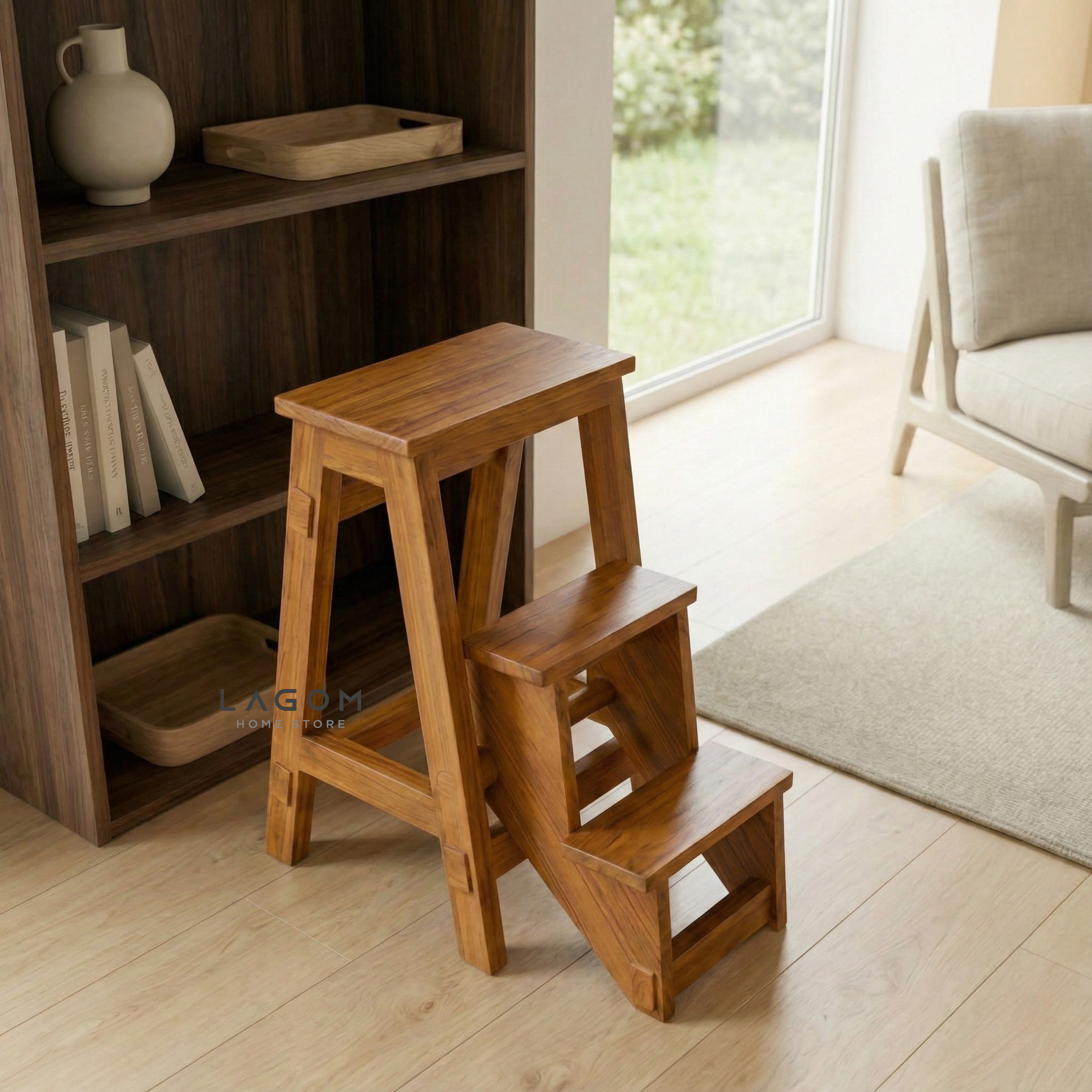 Teak Wood Convertible Step Stool & Bar Stool Step Stool Lagom Home Store Jati Furnitur Teak Furniture Jakarta