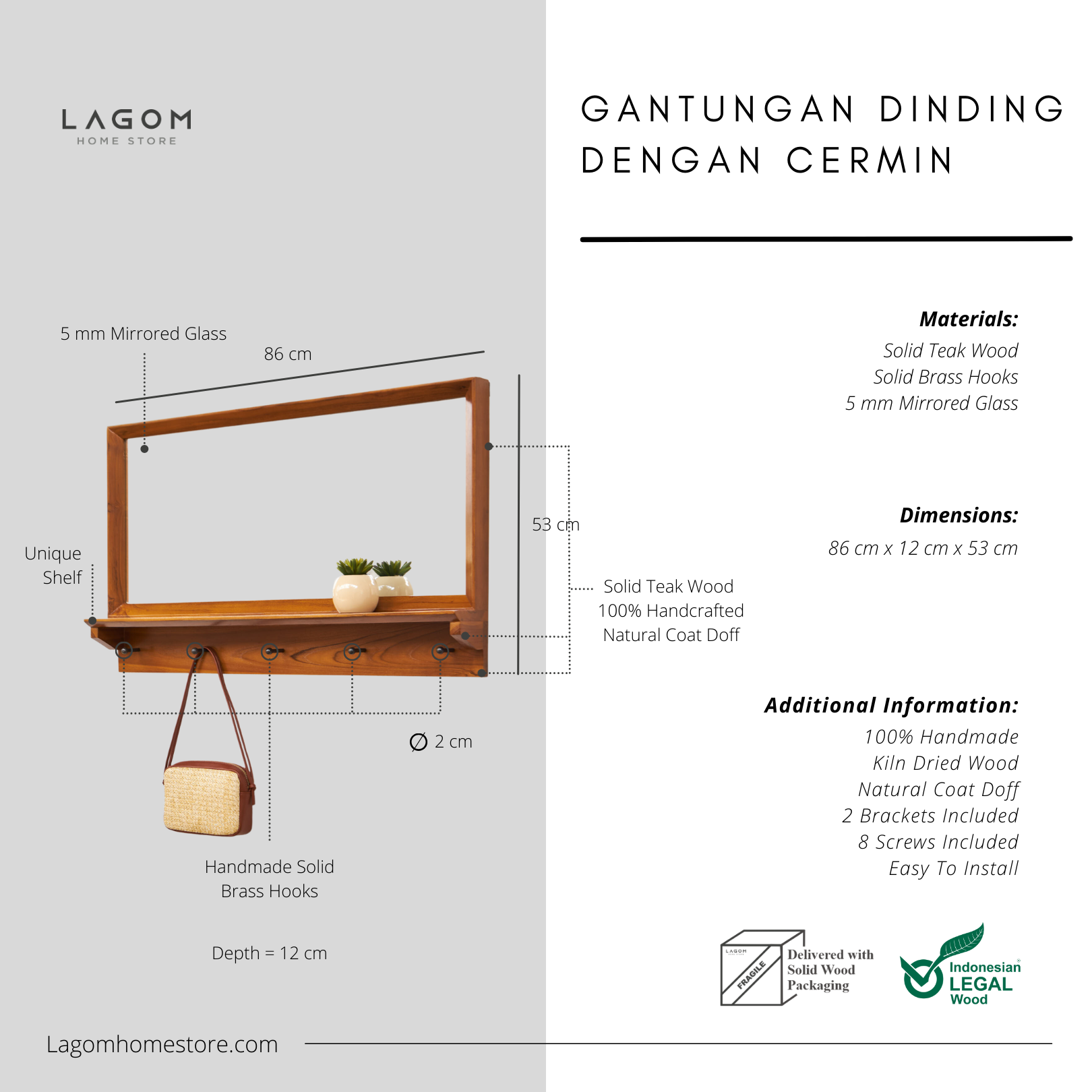 Teak Wood Wall Hanger with Mirror & Shelf Wall Coat Hanger Lagom Home Store Jati Furnitur Teak Furniture Jakarta