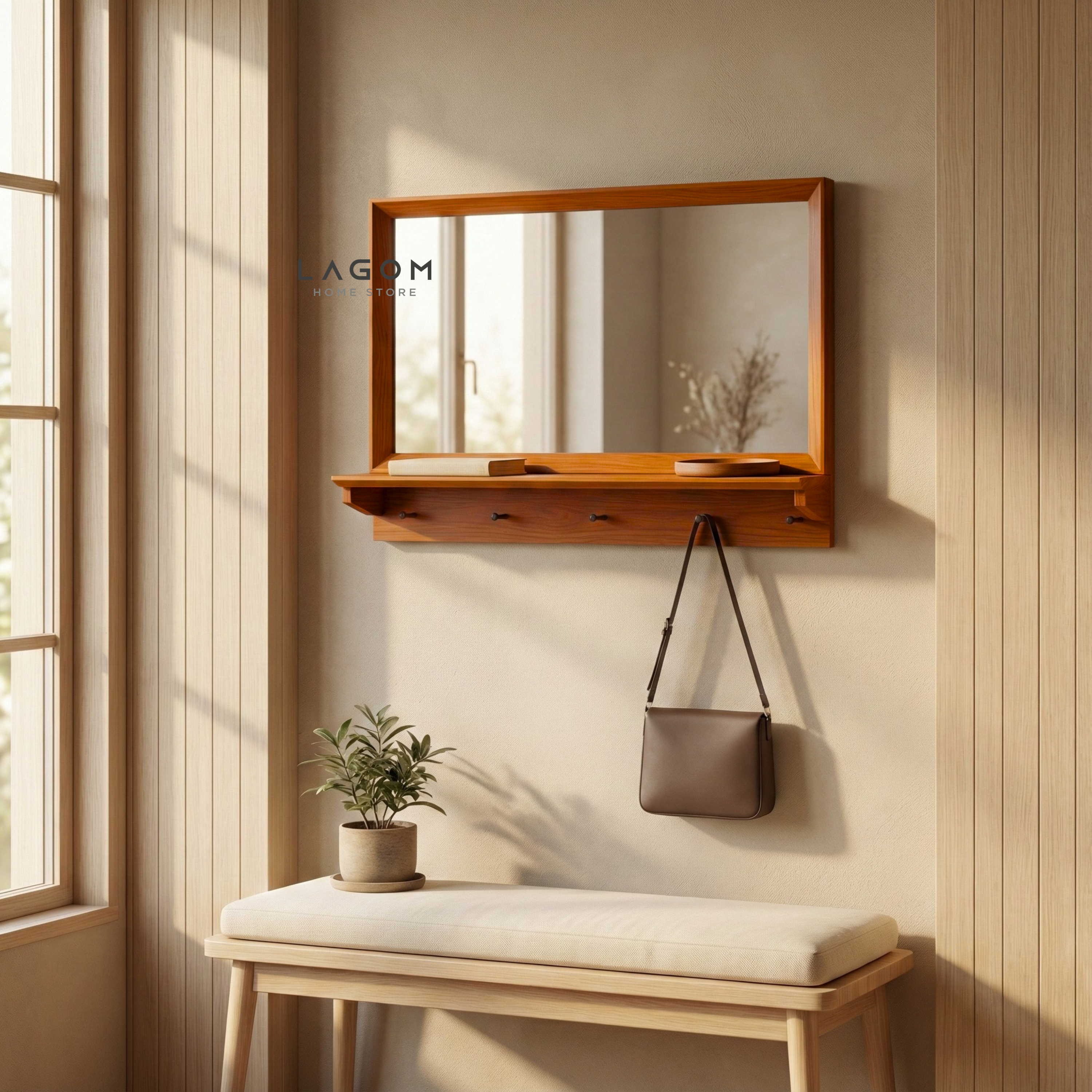 Teak Wood Wall Hanger with Mirror & Shelf Wall Coat Hanger Lagom Home Store Jati Furnitur Teak Furniture Jakarta