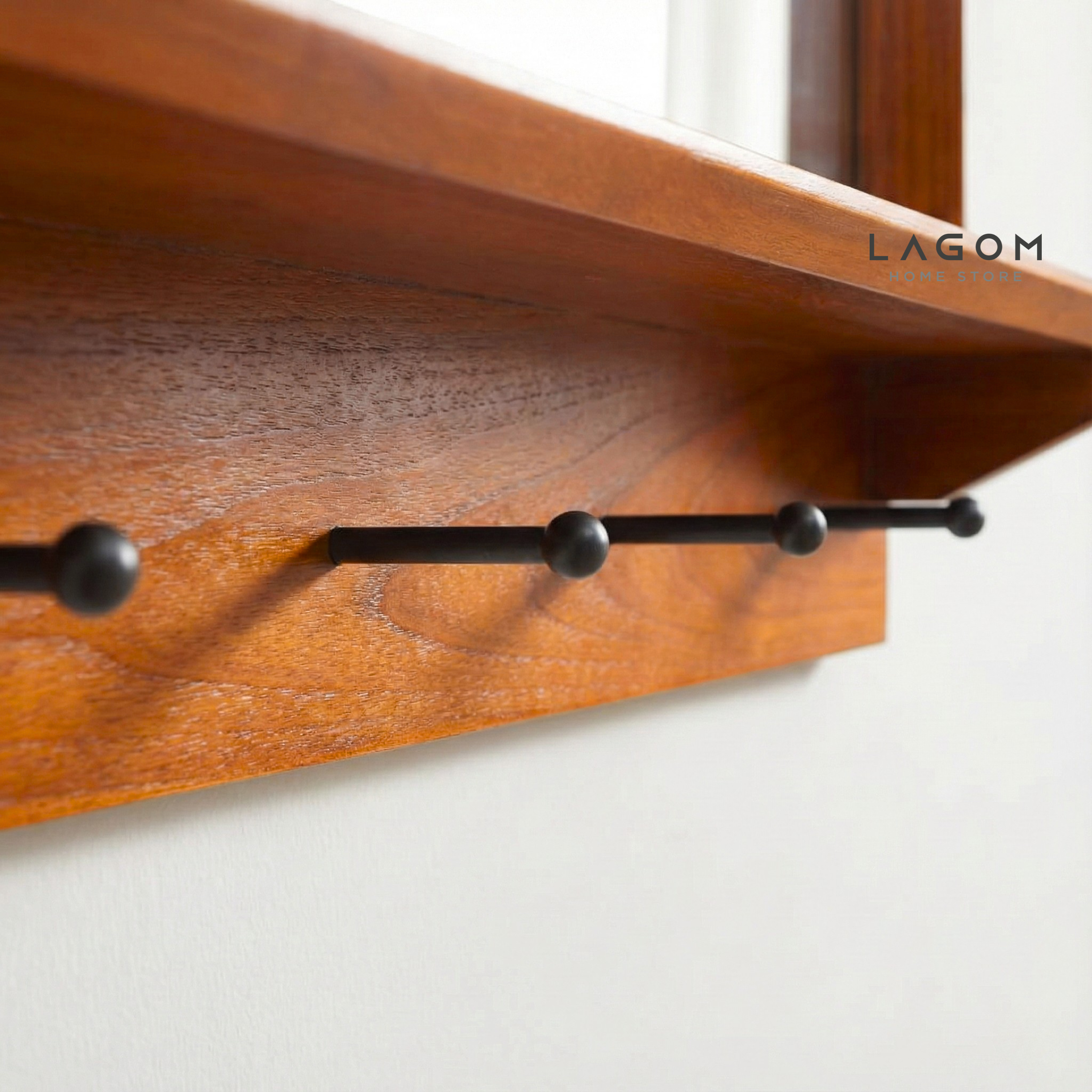 Teak Wood Wall Hanger with Mirror & Shelf Wall Coat Hanger Lagom Home Store Jati Furnitur Teak Furniture Jakarta