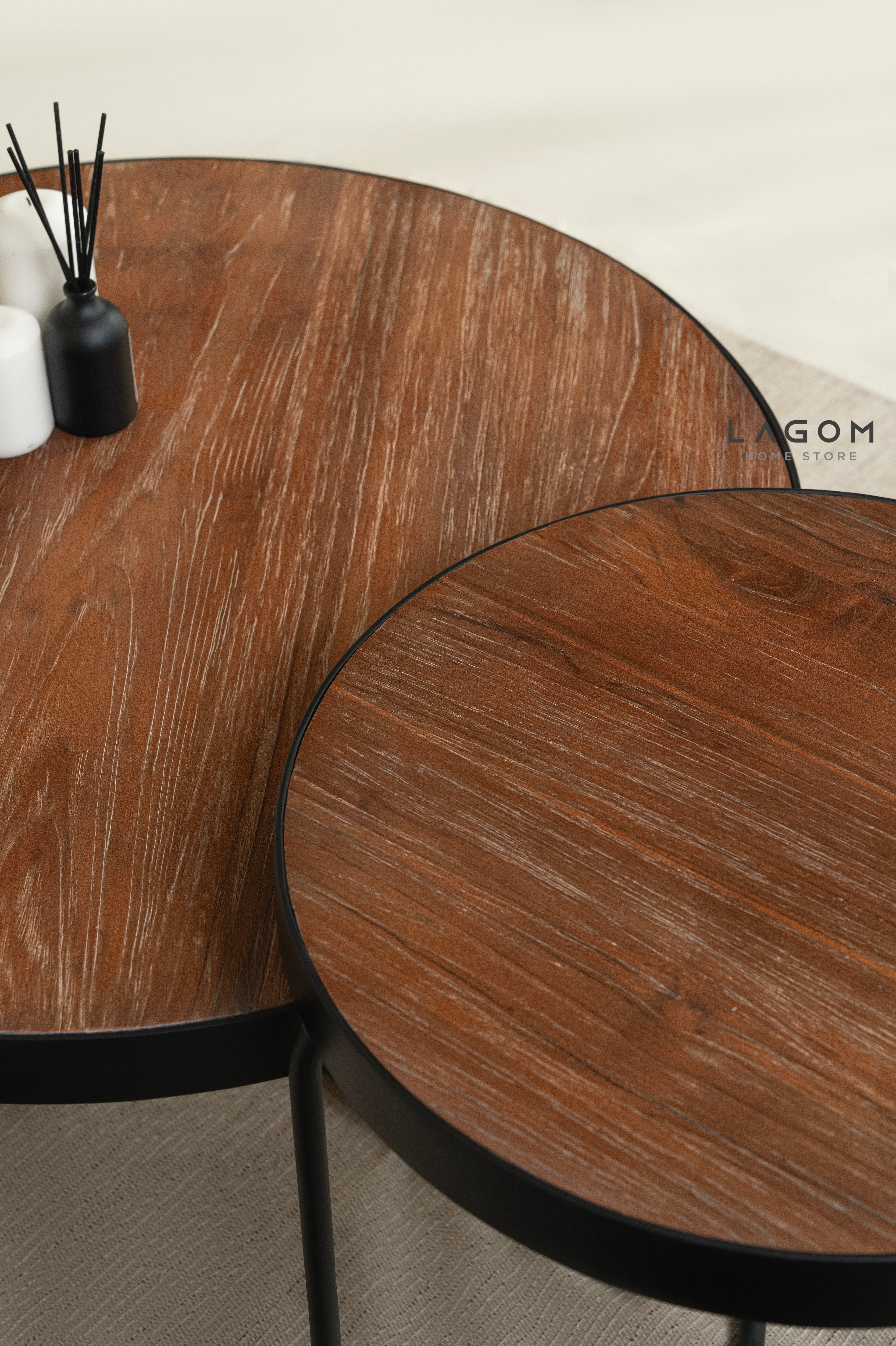 Timeless Round Teak Coffee Table Set - Solid Wood & Iron Coffee Table Lagom Home Store Jati Furnitur Teak Furniture Jakarta