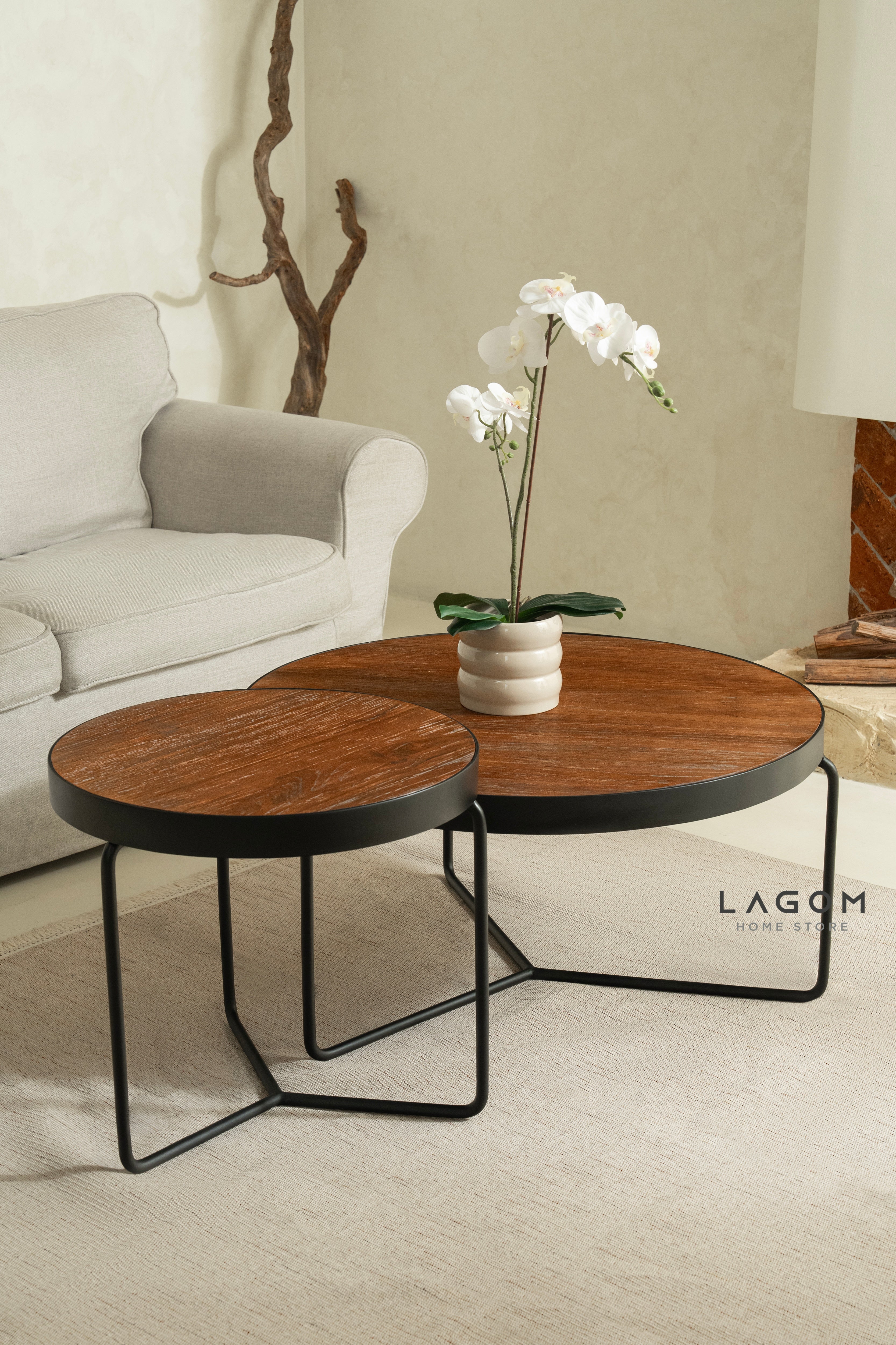 Timeless Round Teak Coffee Table Set - Solid Wood & Iron Coffee Table Lagom Home Store Jati Furnitur Teak Furniture Jakarta