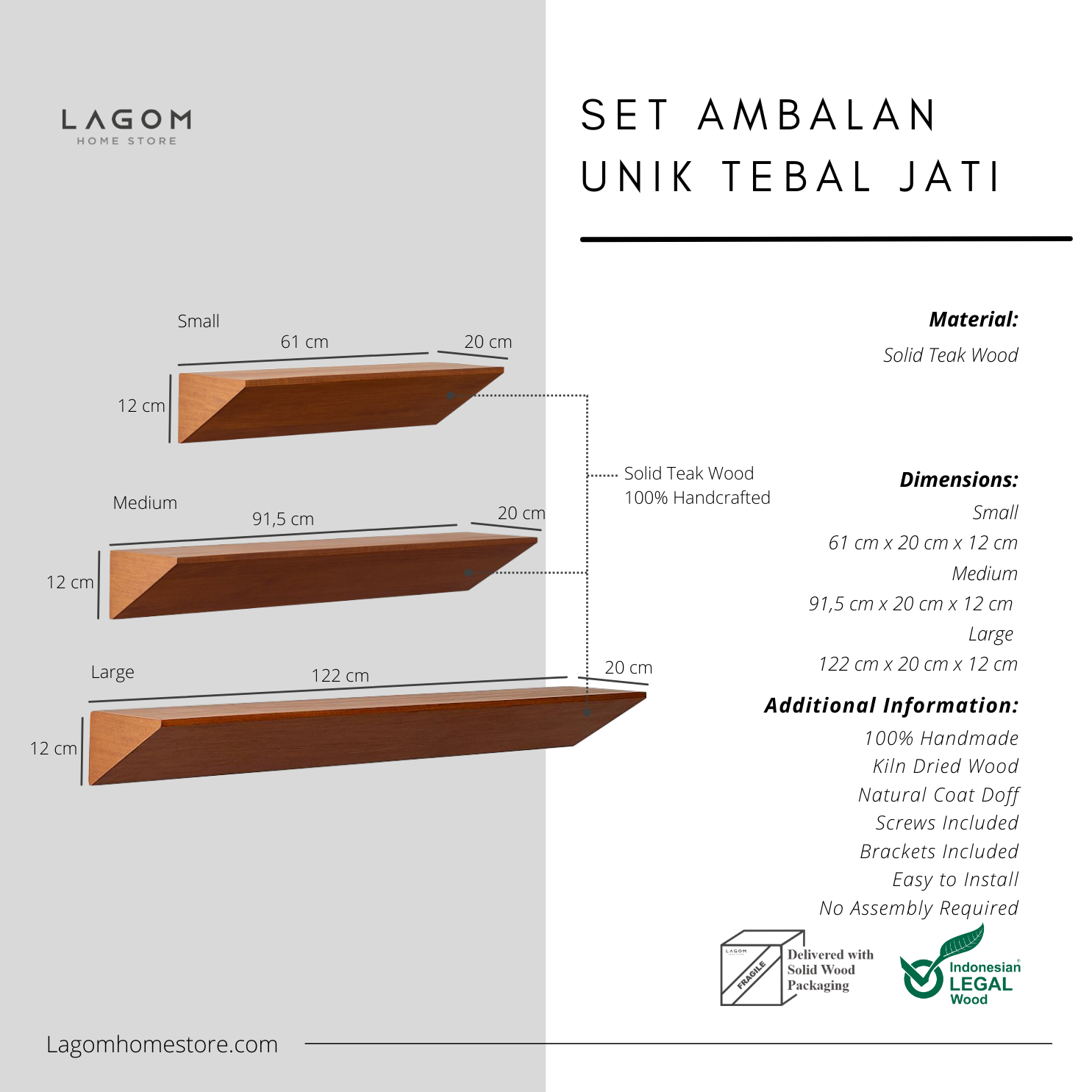 Triangular Teak Floating Shelf - Set of 3 Wall Shelf Lagom Home Store Jati Furnitur Teak Furniture Jakarta