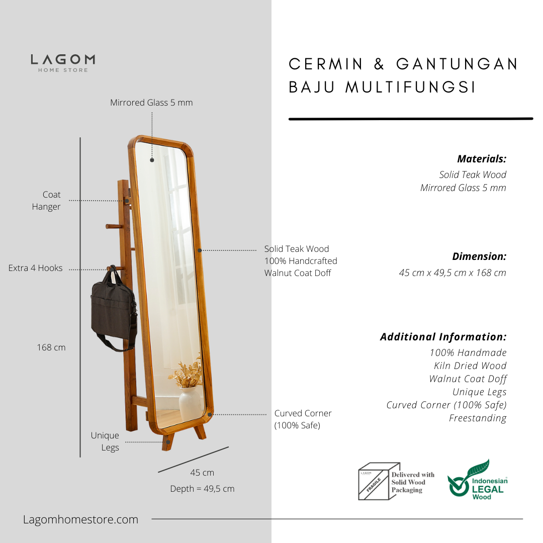 3 in 1 Cermin & Gantungan Baju Multifungsi - Tinggi 168 cm Mirror Lagom Home Store Jati Furnitur Teak Furniture Jakarta