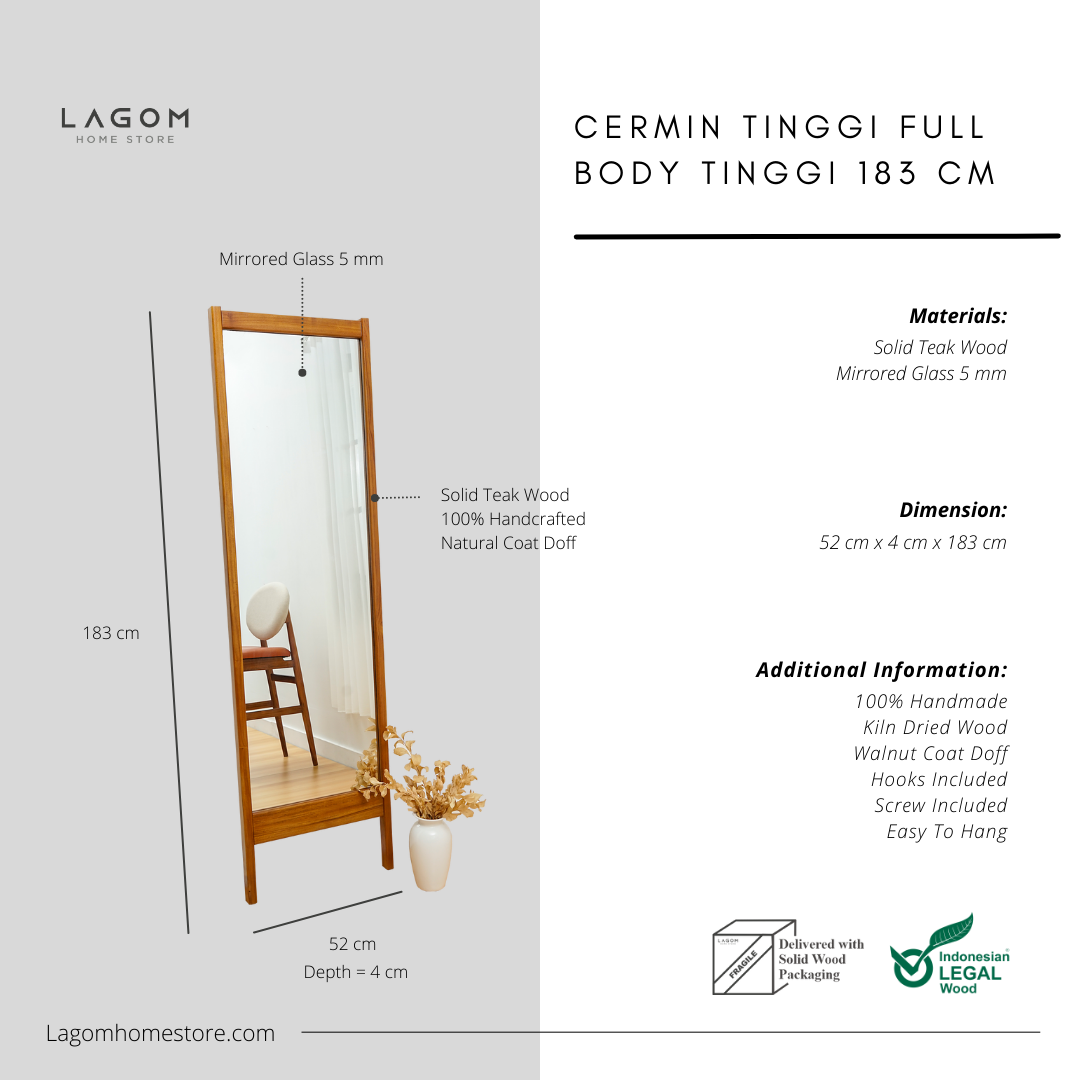 Cermin Tinggi Full Body Freestanding - Tinggi 183 cm Mirror Lagom Home Store Jati Furnitur Teak Furniture Jakarta