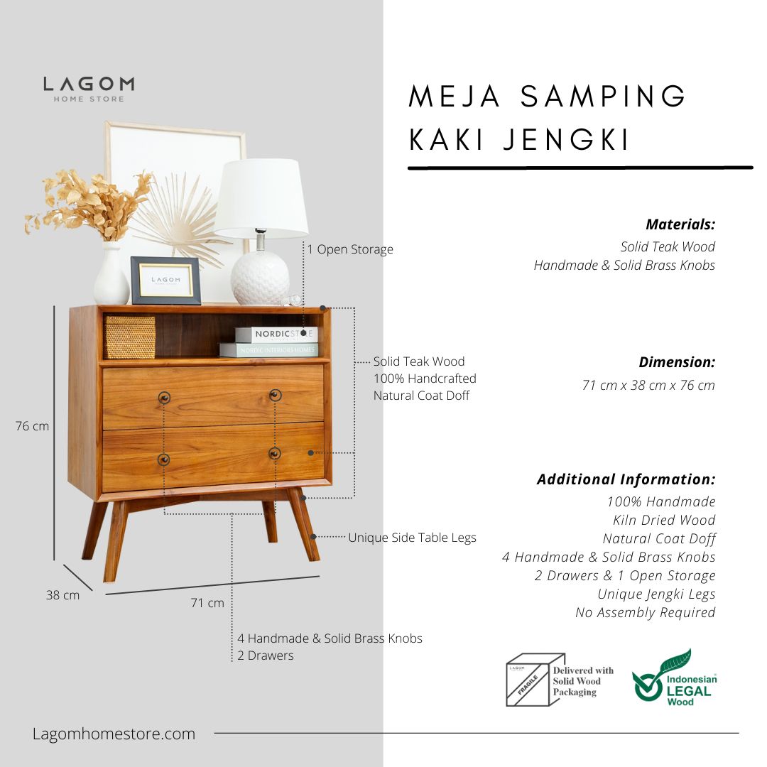 Laci Meja Samping Tempat Tidur dengan Tiga Ruang Penyimpanan Side Table Lagom Home Store Jati Furnitur Teak Furniture Jakarta