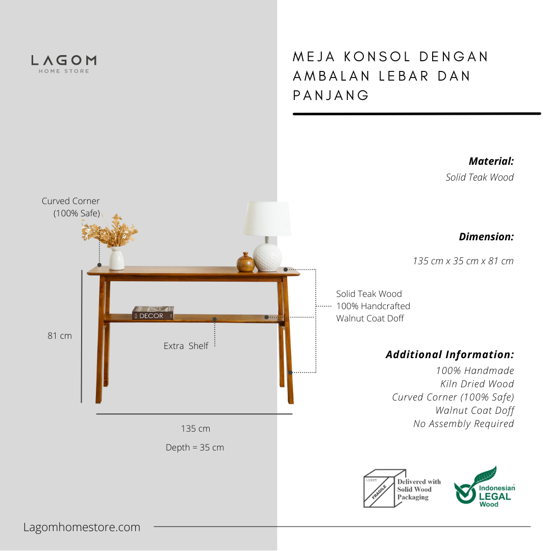 Meja Konsol dengan Ambalan Lebar dan Panjang Console Table Lagom Home Store Jati Furnitur Teak Furniture Jakarta