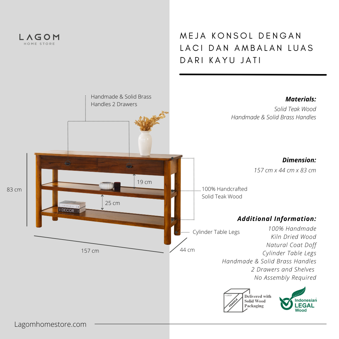 Meja Konsol dengan Laci dan Ambalan Luas dari Kayu Jati Console Table Lagom Home Store Jati Furnitur Teak Furniture Jakarta