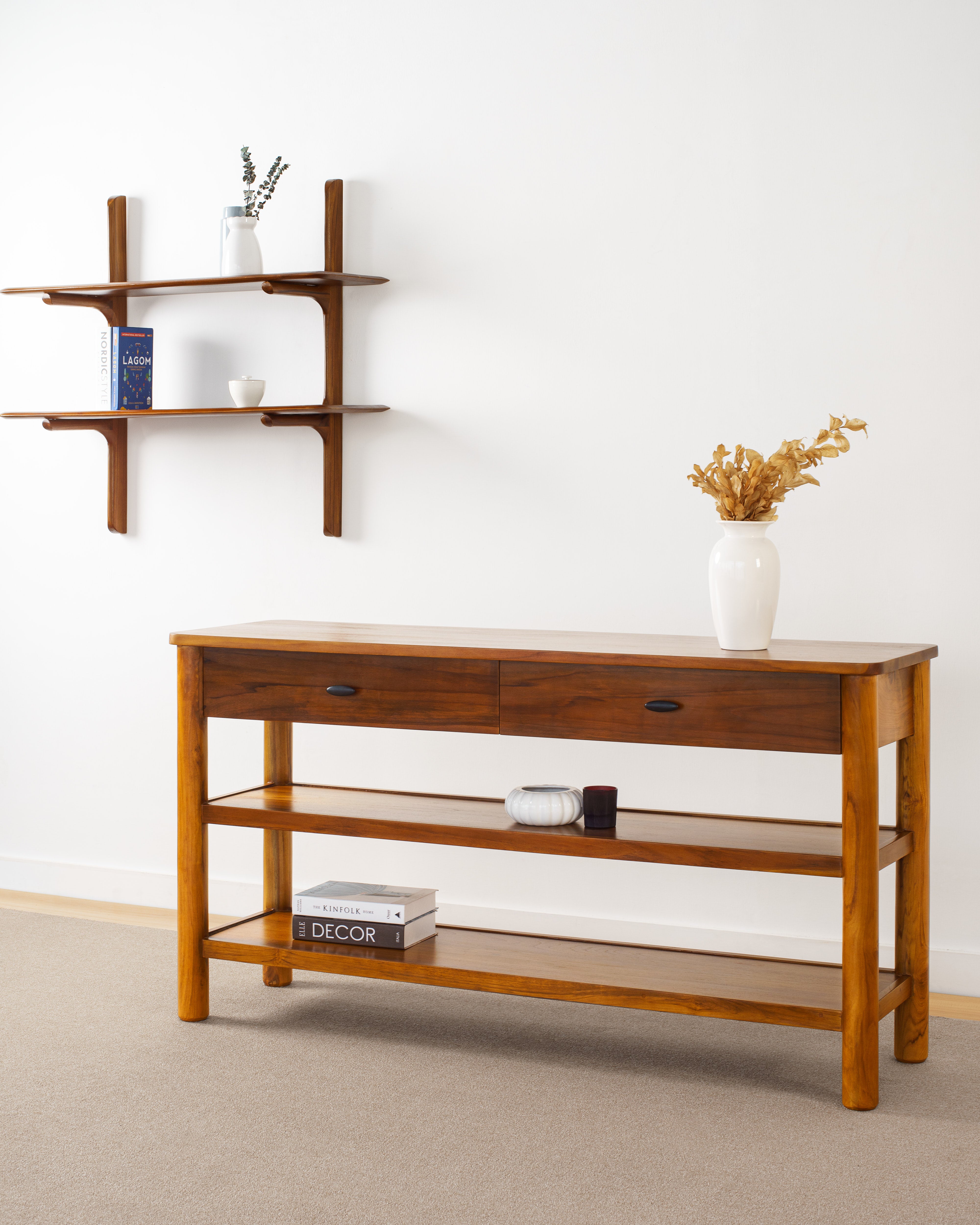 Meja Konsol dengan Laci dan Ambalan Luas dari Kayu Jati Console Table Lagom Home Store Jati Furnitur Teak Furniture Jakarta