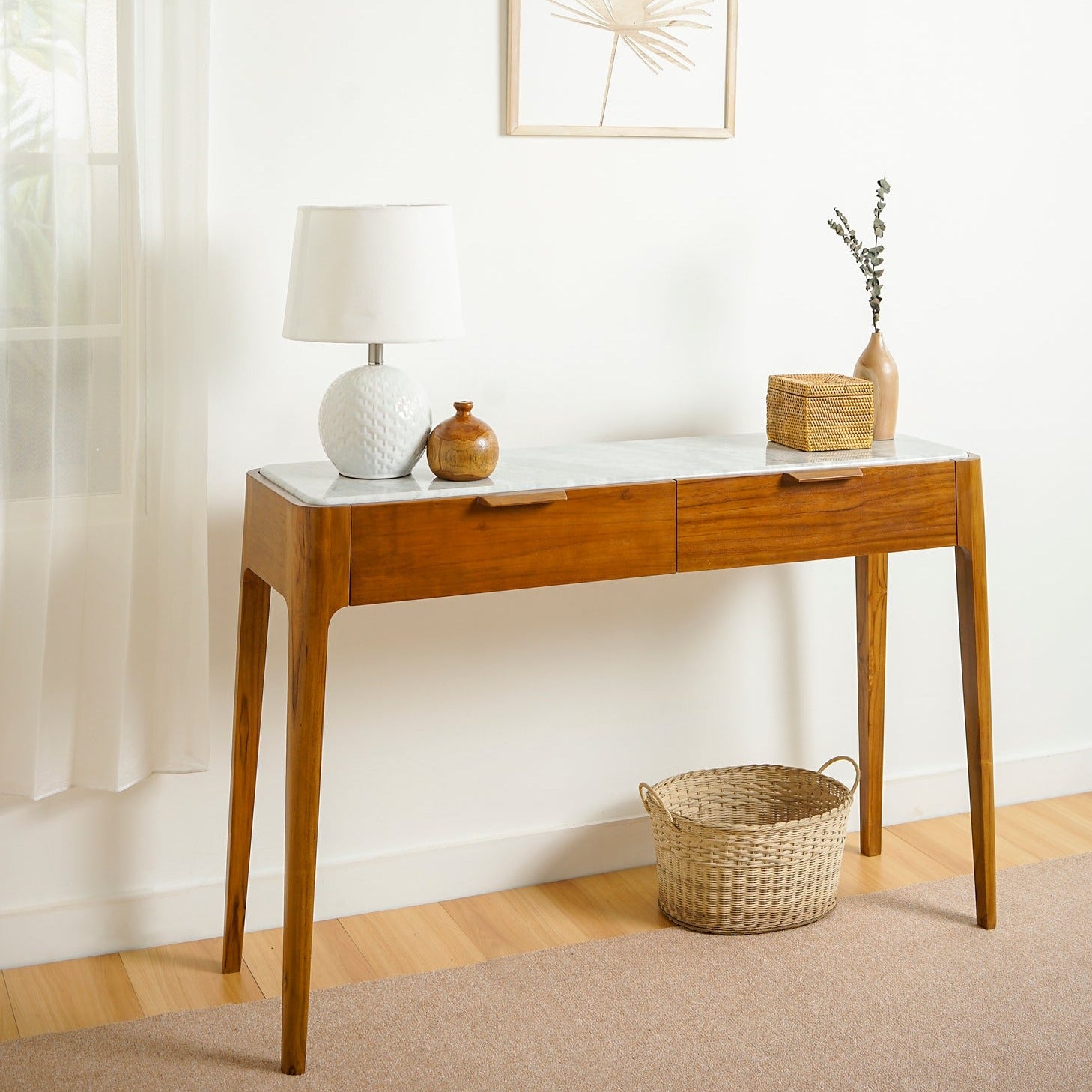 Meja Konsol Mewah dari Kayu Jati dan Marmer Console Table Lagom Home Store Jati Furnitur Teak Furniture Jakarta