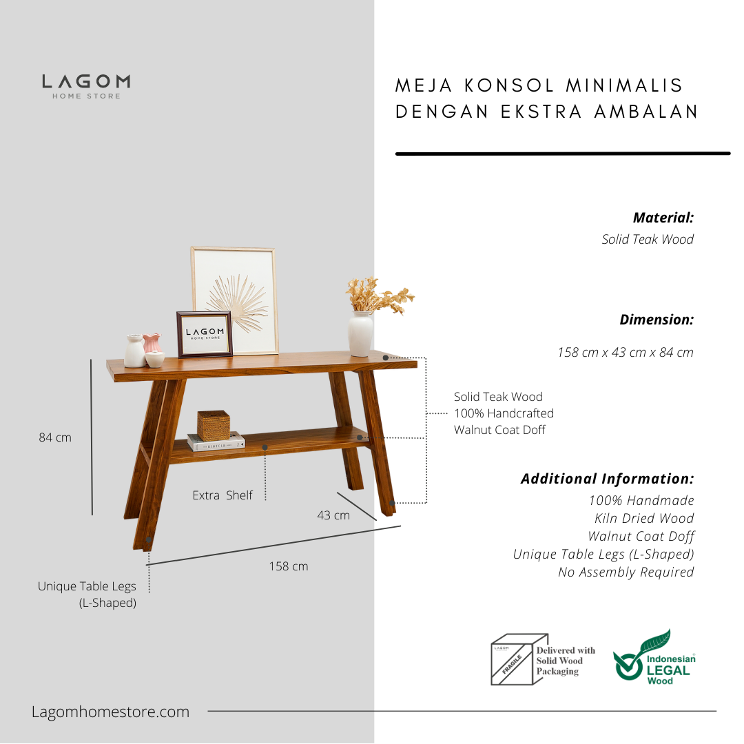 Meja Konsol Minimalis dengan Ekstra Ambalan dari Kayu Jati Console Table Lagom Home Store Jati Furnitur Teak Furniture Jakarta